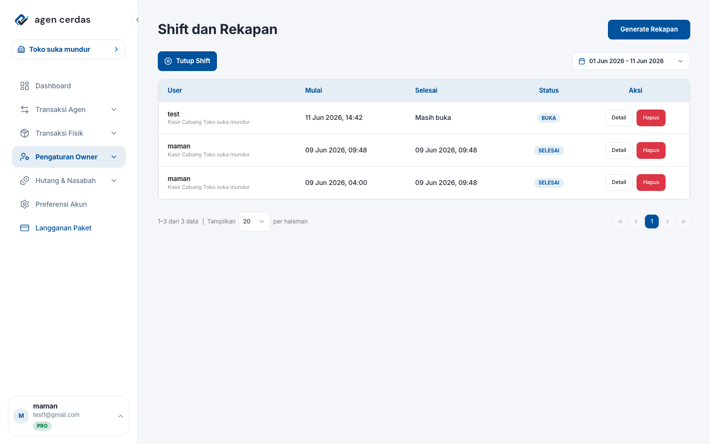 Halaman Rekapan Shift